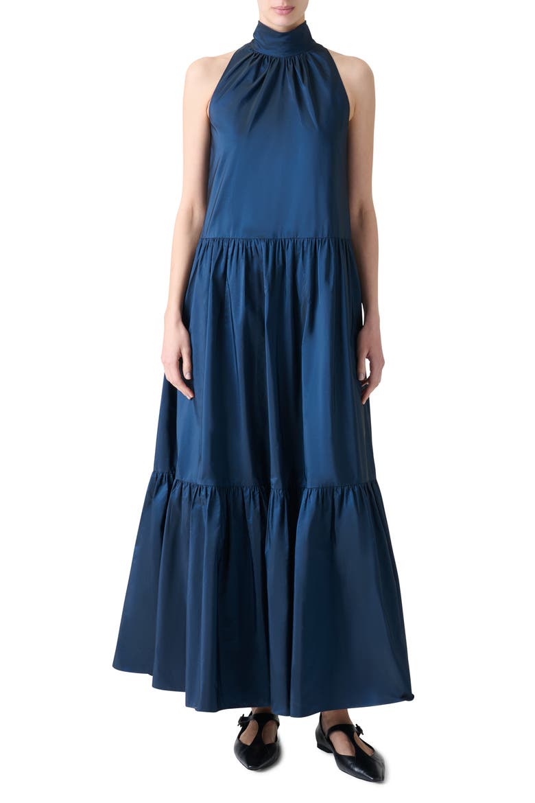 Sleeveless Techno Taffeta Tiered Dress, Main, color, NAVY