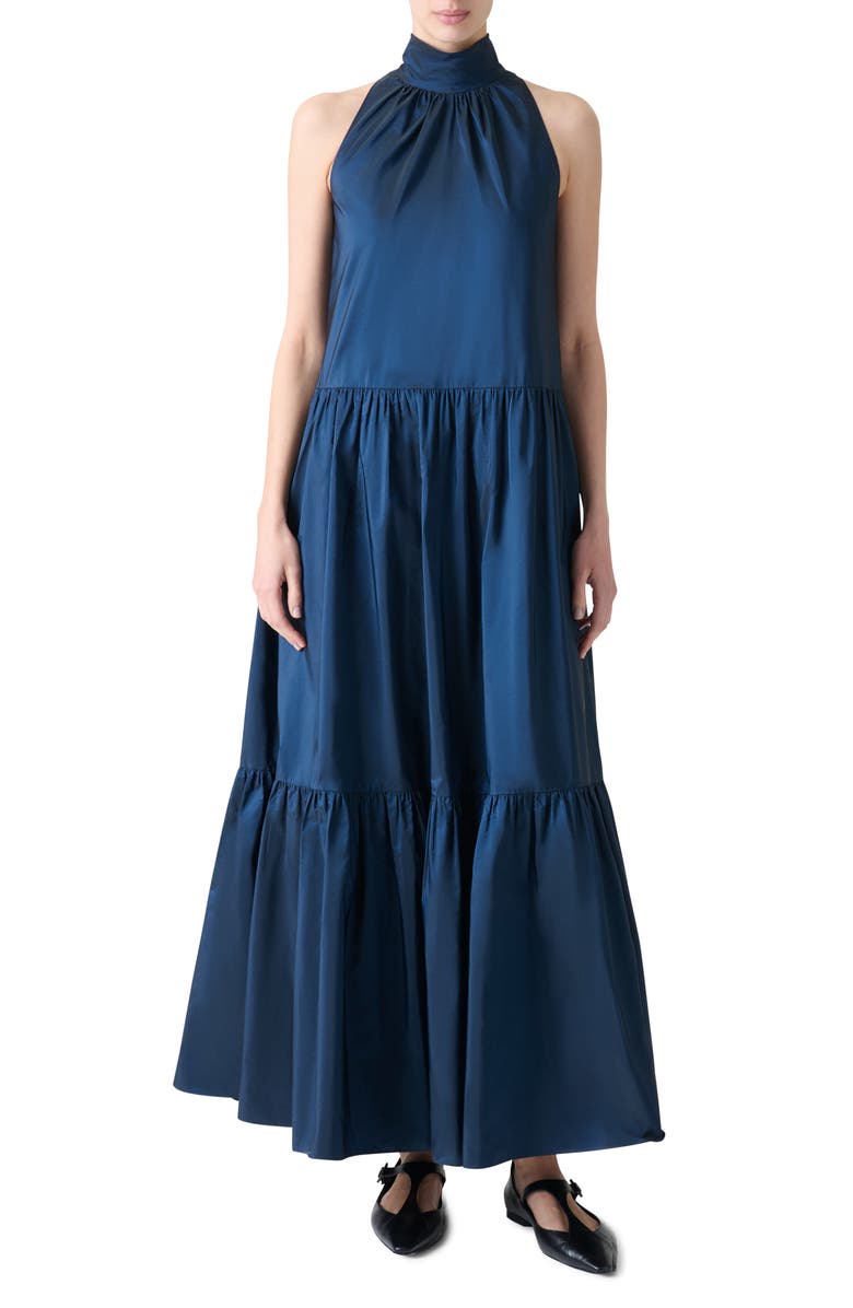 Akris punto Sleeveless Techno Taffeta Tiered Dress, Main, color, Navy