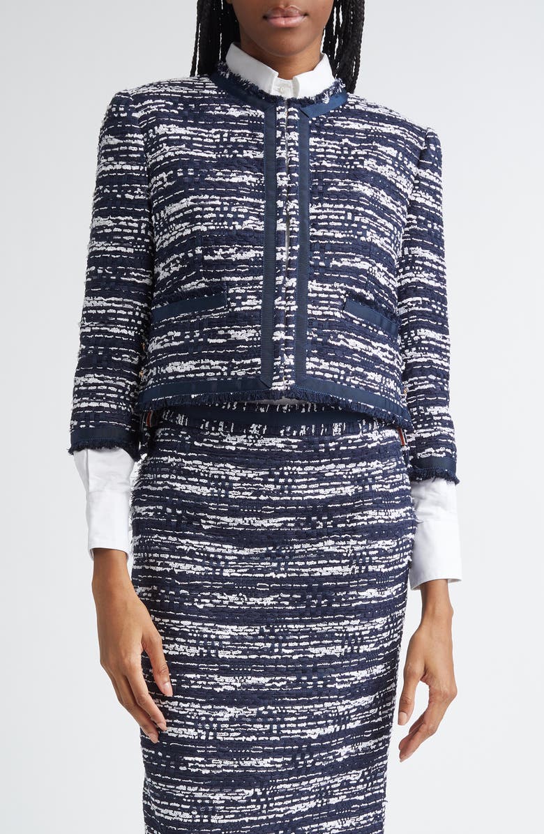 Thom Browne Drop Back Mélange Tulle Yarn Tweed Crop Cardigan Jacket, Main, color, Navy