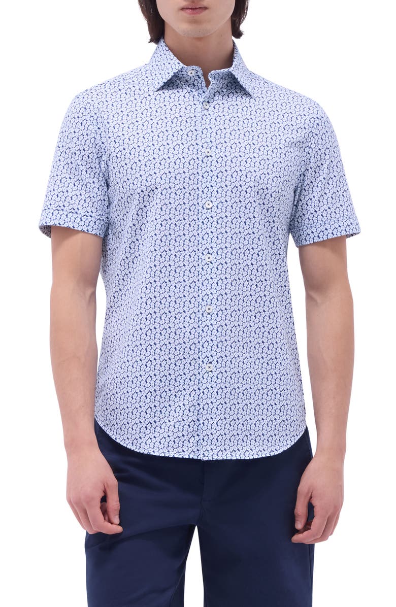 Bugatchi Miles OoohCotton<sup>®</sup> Floral Short Sleeve Button-Up Shirt, Main, color, Indigo