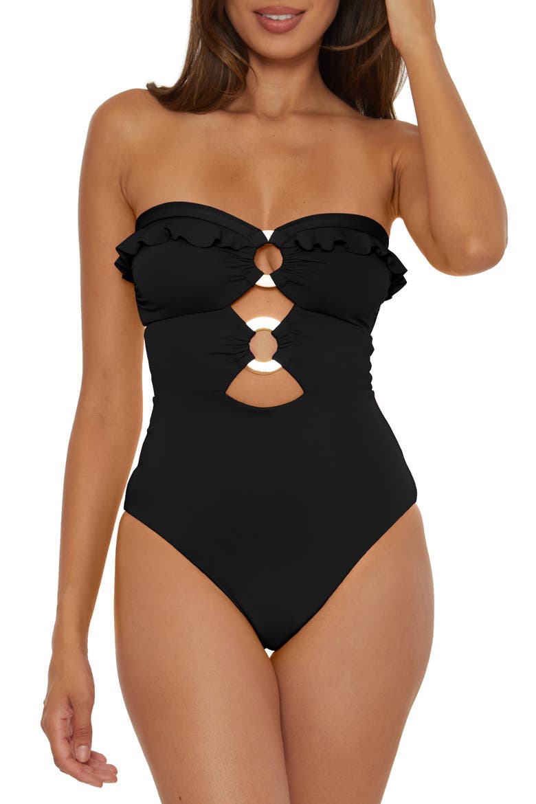 Ruffle Strappy One-PIece Swimsuit, Alternate, color, BLACK
