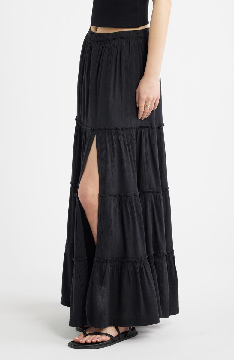 BP. Tiered Linen Blend Crinkled Gauze Maxi Skirt, Alternate, color, Black