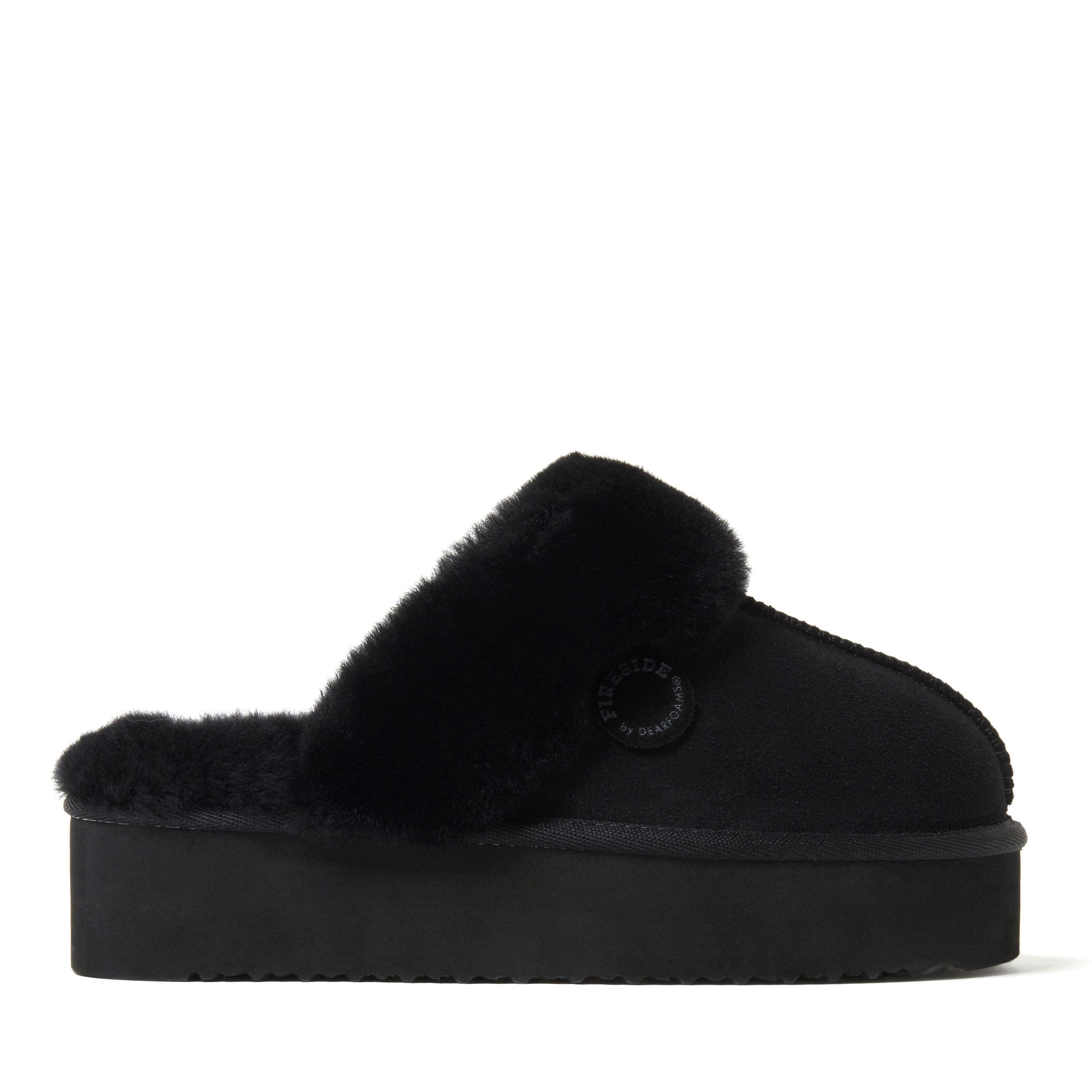 DEARFOAMS Fireside Melton Genuine Shearling Platform Scuff Slipper, Alternate, color, Black