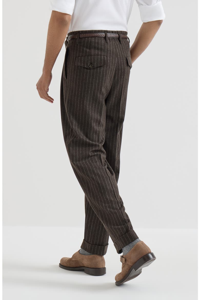 Virgin wool and cashmere chalk stripe trousers with double pleats, Alternate, color, Brown