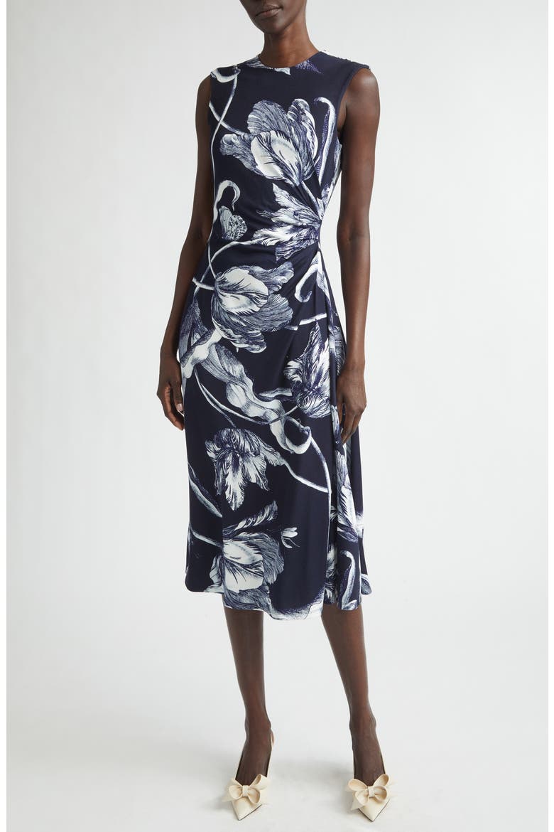 Floral Print Draped Jersey Midi Dress, Main, color, BOTANICAL ENGRAVING MIDNIGHT