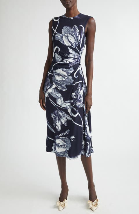 Floral Print Draped Jersey Midi Dress