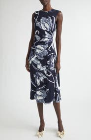 Erdem Floral Print Draped Jersey Midi Dress