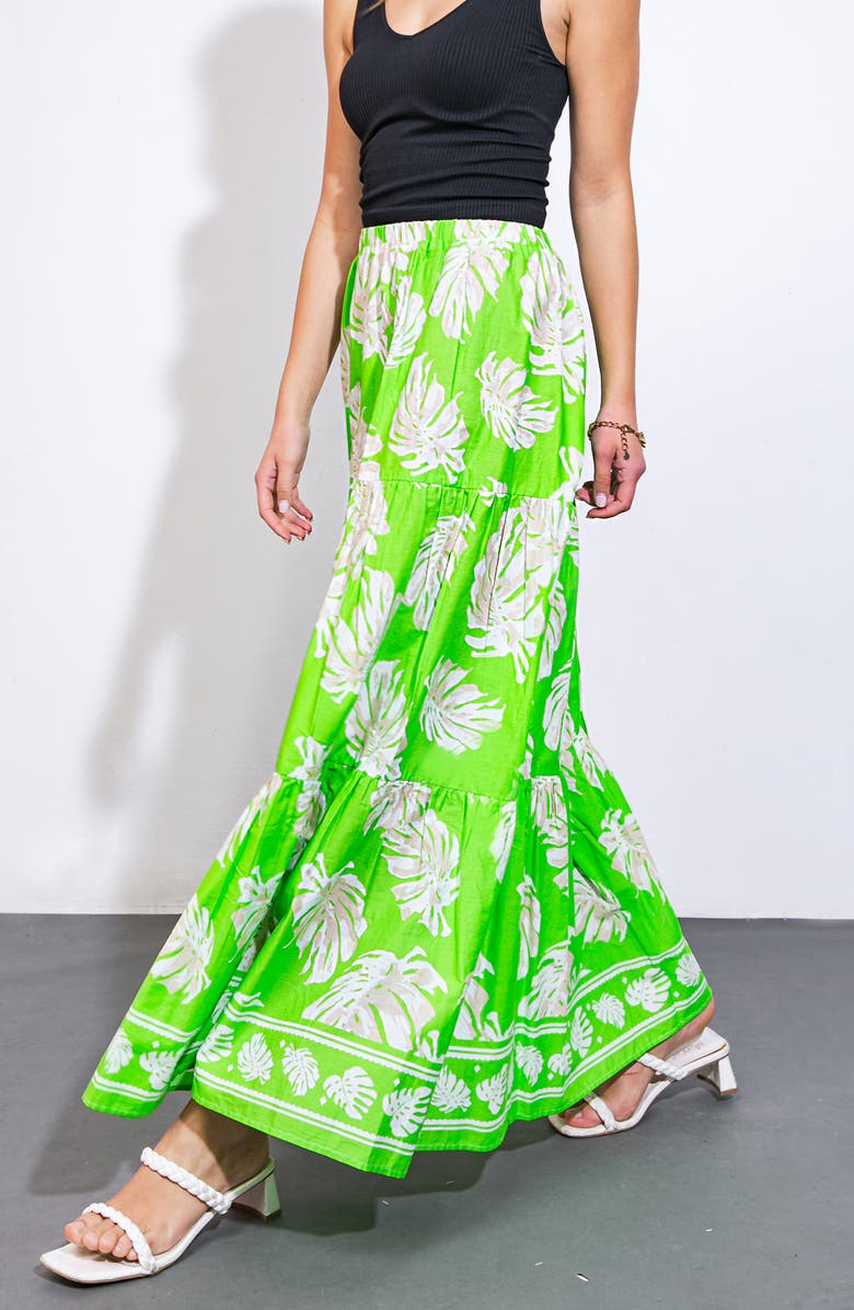 FLYING TOMATO Palm Print Tiered Cotton Maxi Skirt, Alternate, color, Green Ivory