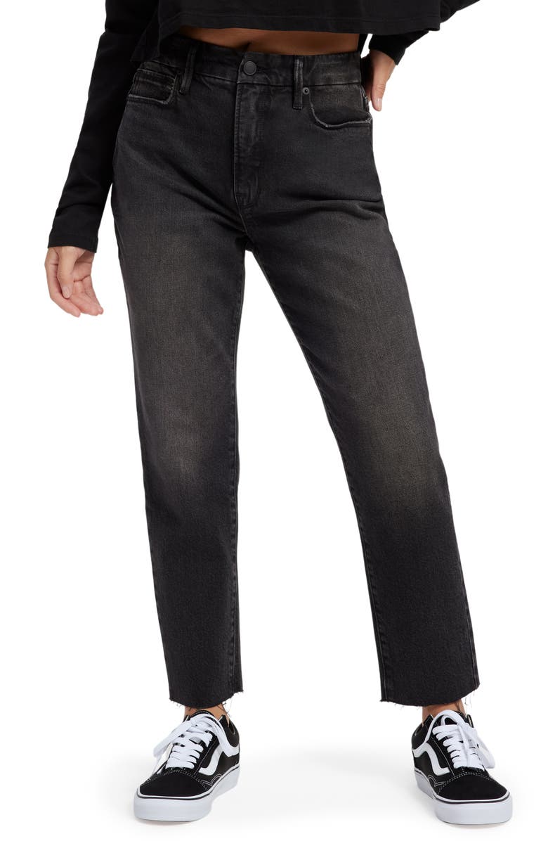 Good American Good Girlfriend High Waist Raw Hem Jeans, Main, color,
