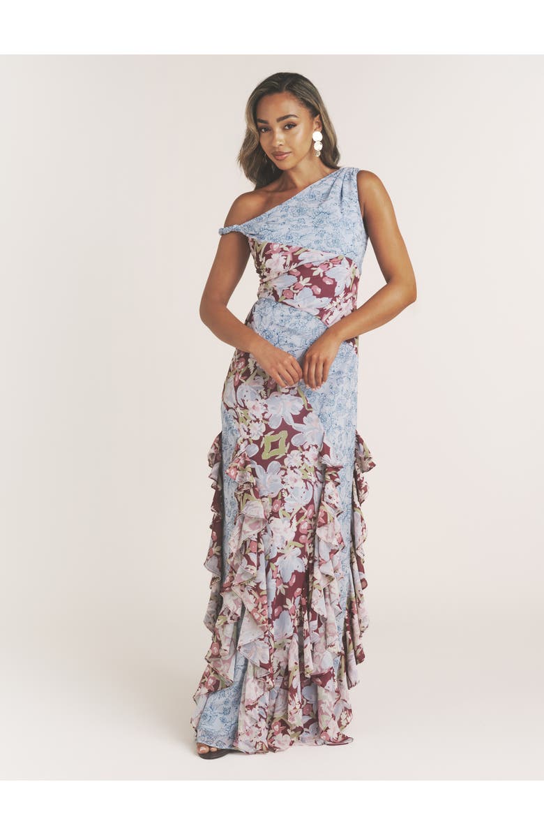 Six Stories Floral Print Twist Detail Ruffle Dress, Main, color, Pale Blue