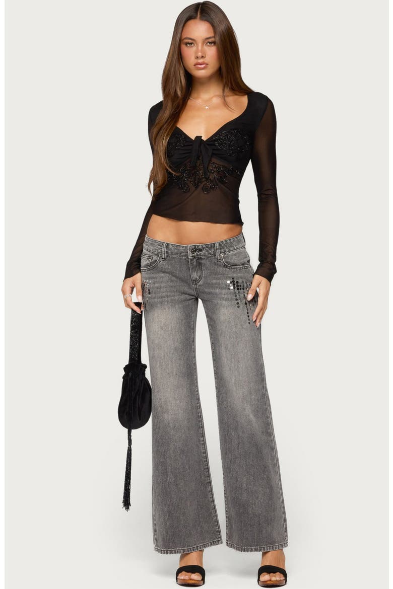 Sarla Beaded Sheer Mesh Tie Top, Alternate, color, BLACK