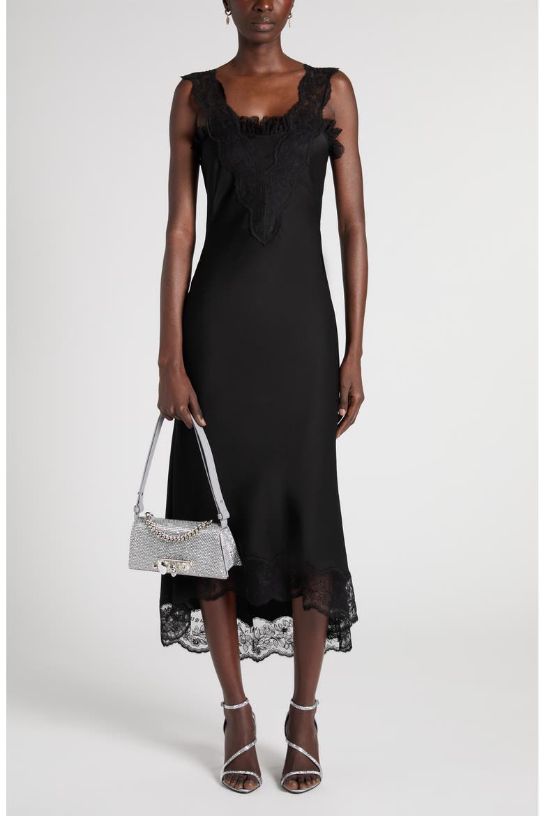 Lace Trim Satin Cocktail Dress, Alternate, color, BLACK