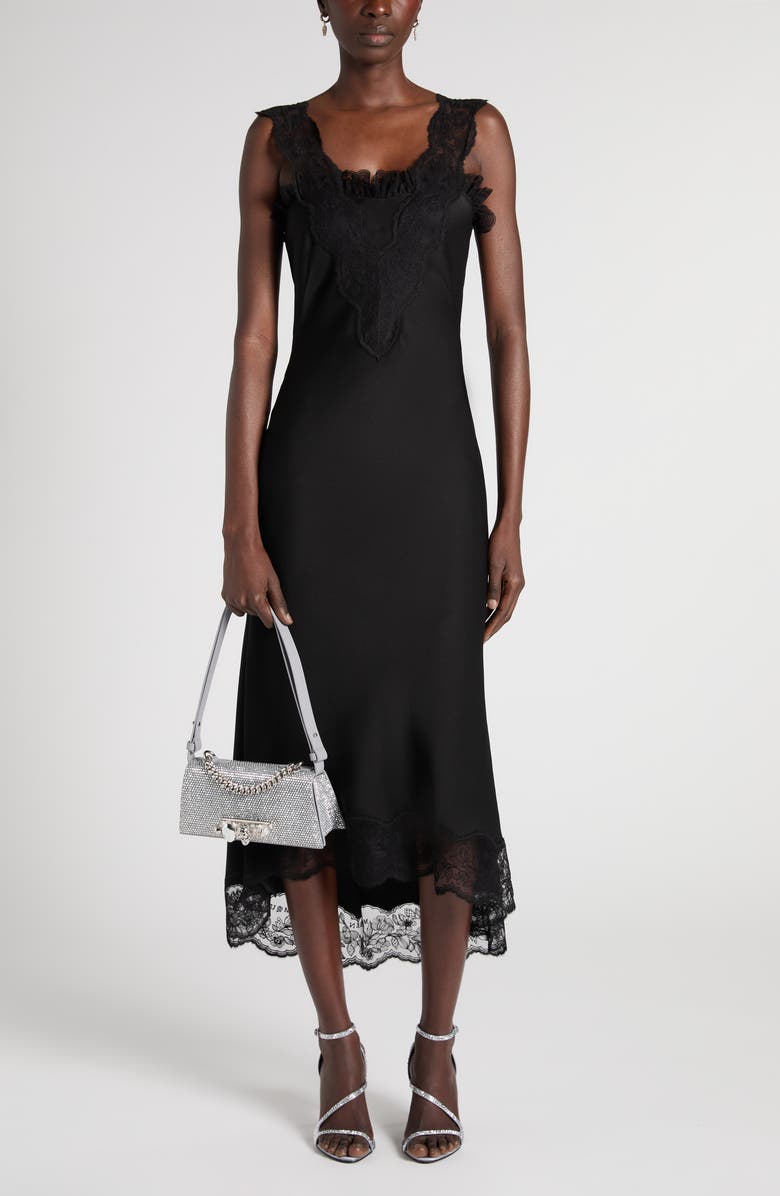 McQueen Lace Trim Satin Cocktail Dress, Alternate, color, Black