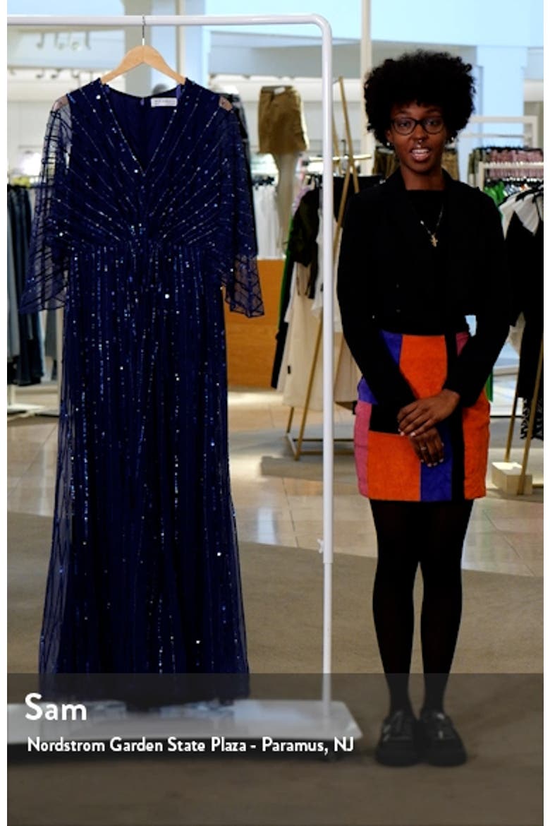 Sequin Beaded Stripe Cape Sleeve V-Neck Gown video