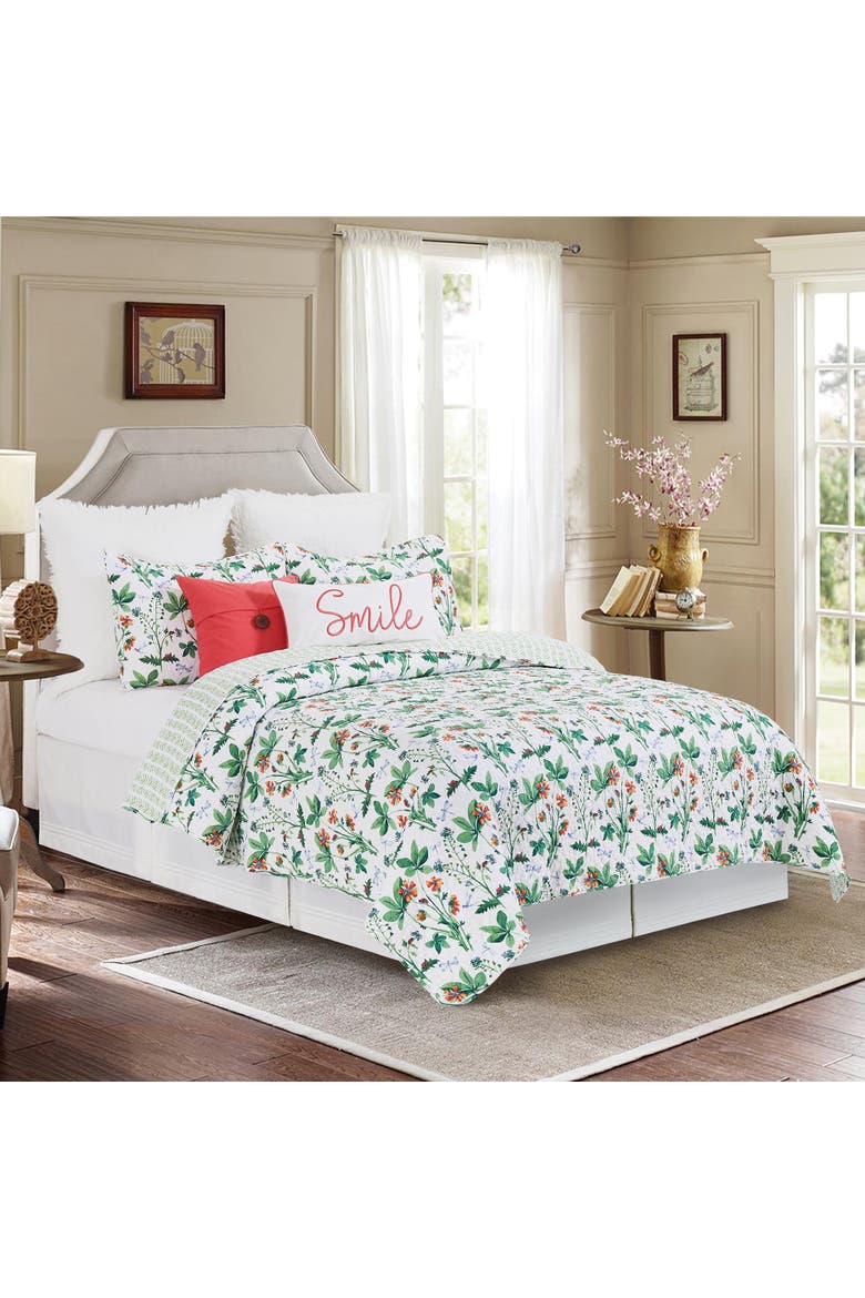 Clover Bug Spring Floral Cotton Quilt Set  - Reversible and Machine Washable, Main, color, Green