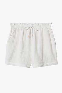 White shorts with a drawstring waist. 