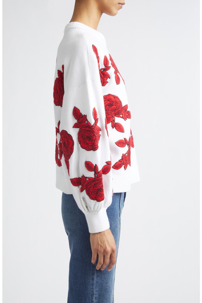 Carwen Embroidered Balloon Sleeve Sweater, Alternate, color, SOFT WHITE/ BRIGHT POPPY