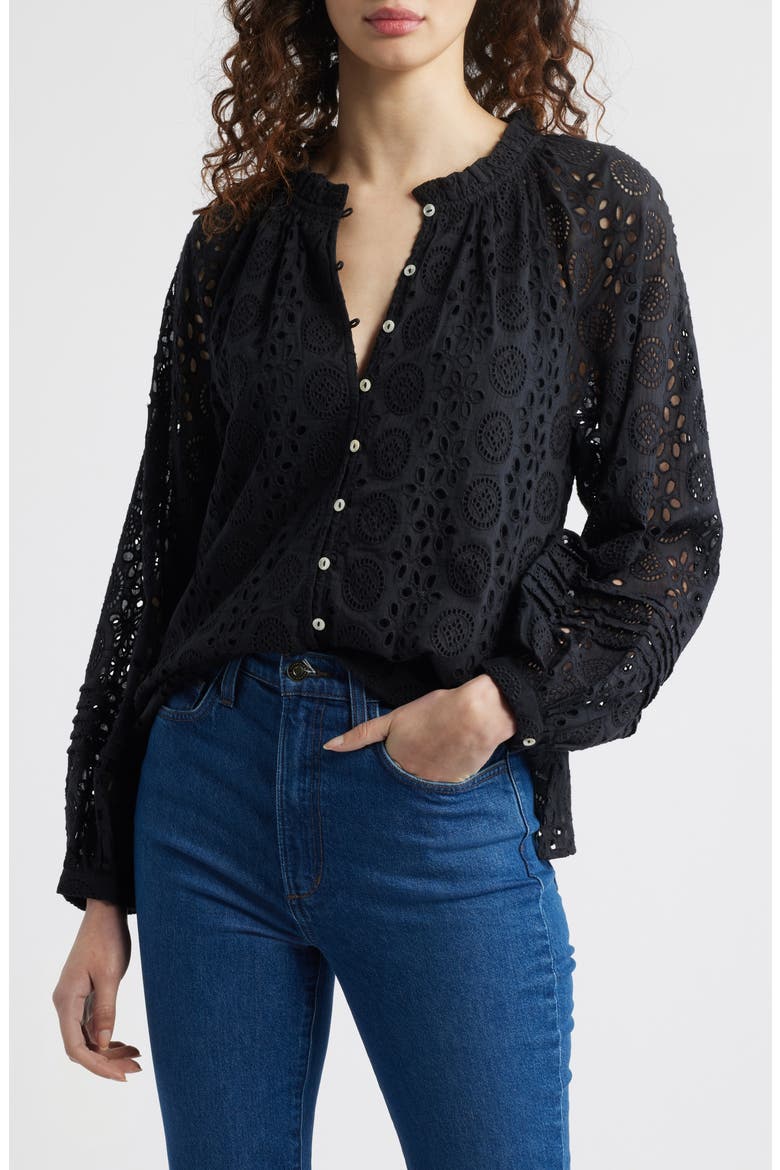 Alicia Embroidered Eyelet Organic Cotton Button-Up Shirt, Main, color, BLACK