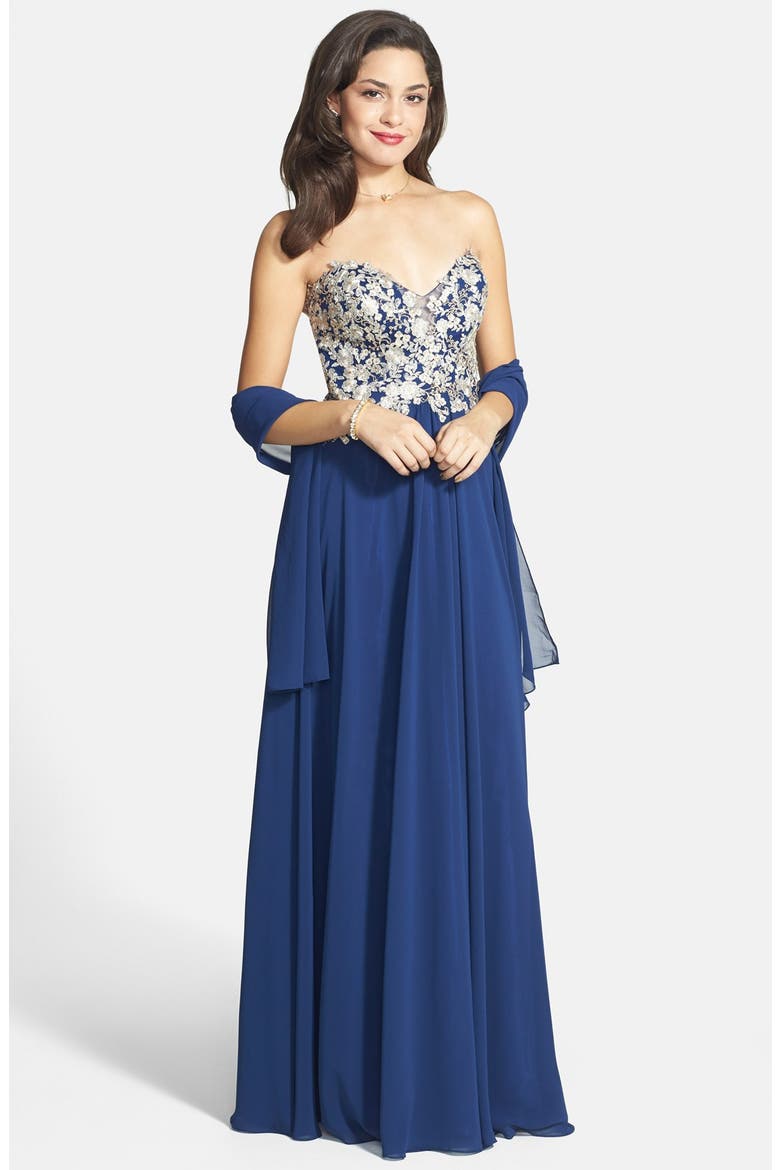 Embroidered Chiffon Gown, Alternate, color, NAVY