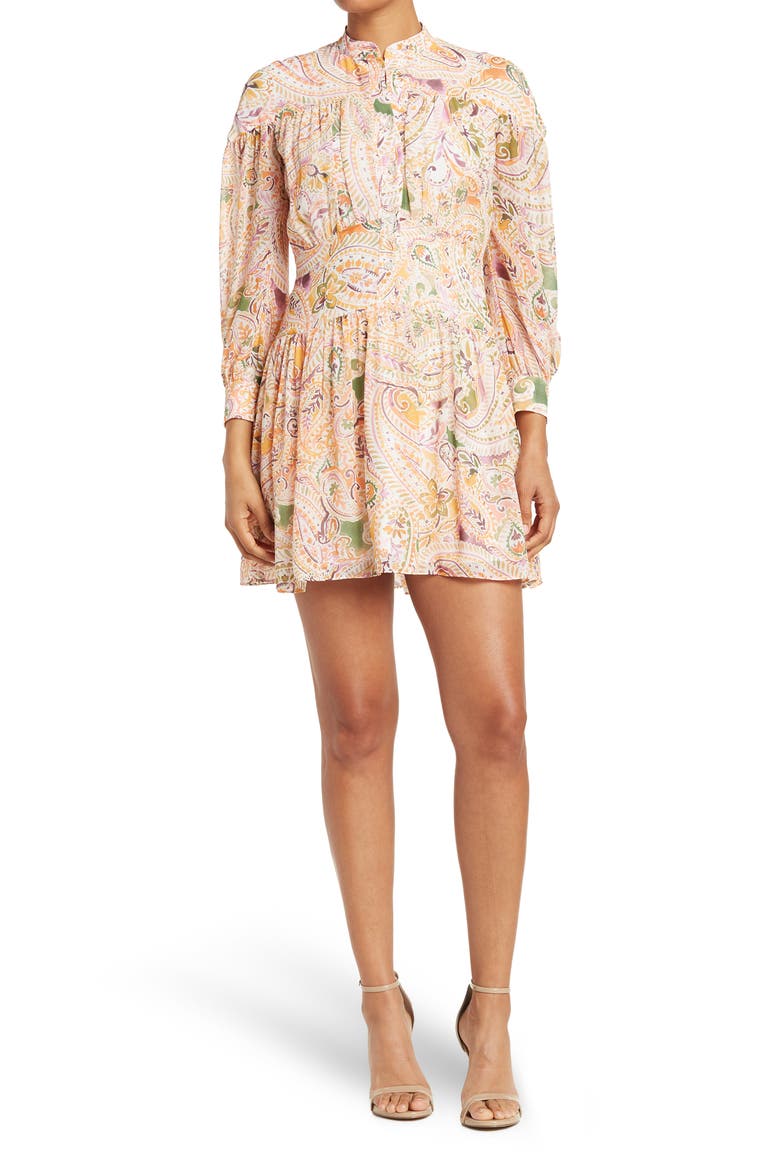 Paisley Long Sleeve Chiffon Shirt Dress, Main, color, SOFT WHITE/YELLOW