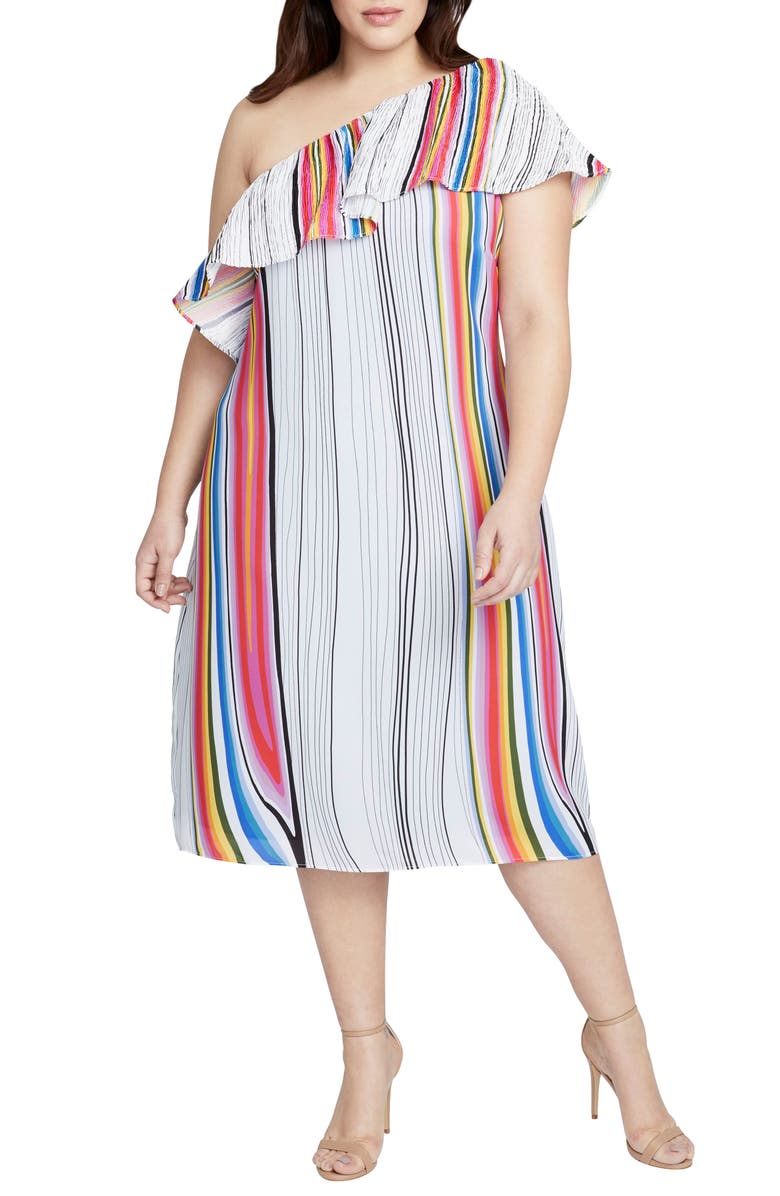 RACHEL Rachel Roy Rainbow Stripe One-Shoulder Midi Dress, Main, color,