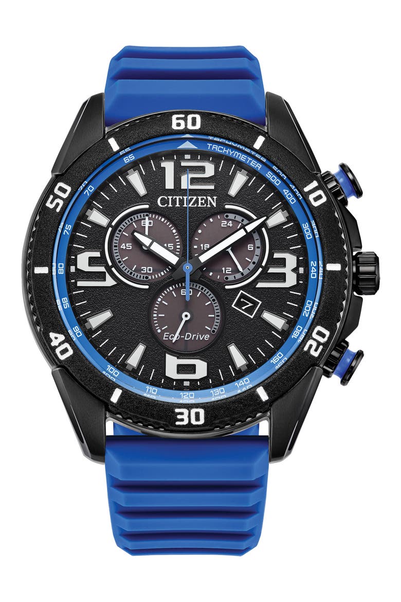 Eco-Drive Chronograph Silicone Strap Watch, Main, color, BLUE