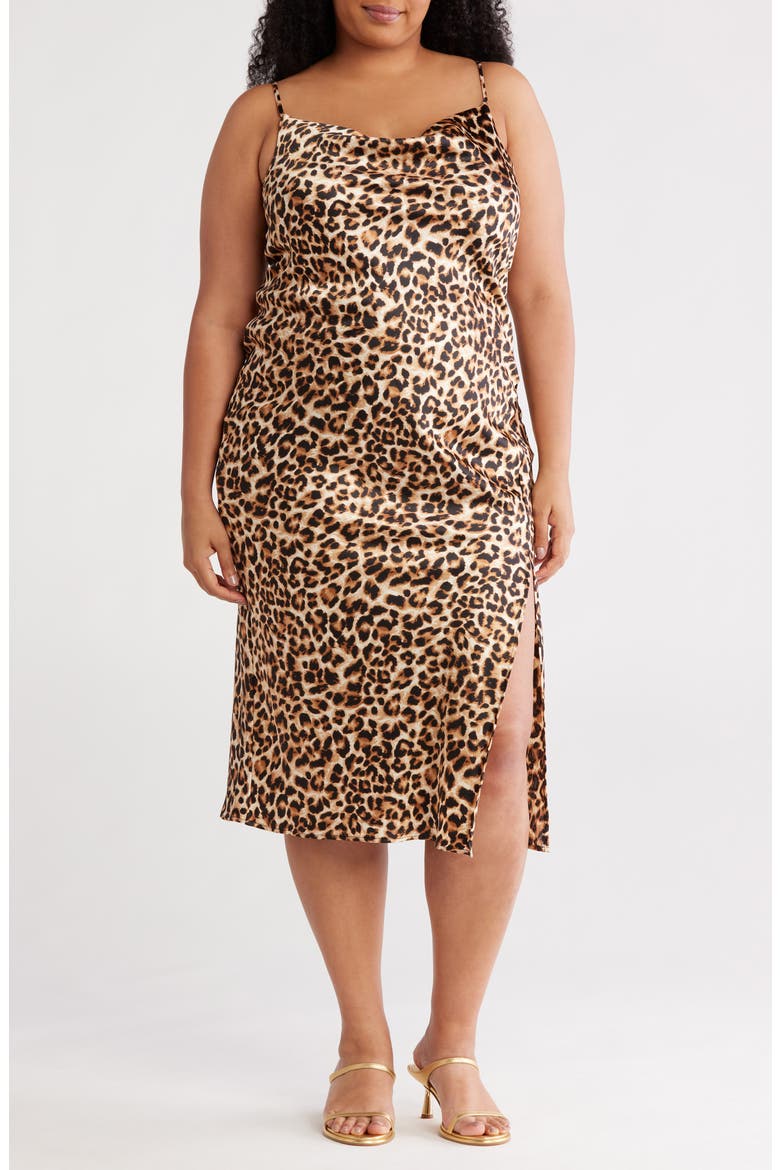 Leopard Satin Midi Slipdress, Main, color, CHOCOLATE