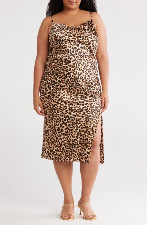 Leopard Satin Midi Slipdress (Plus)
