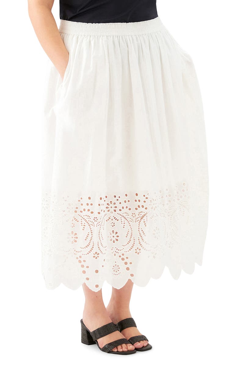 Karen Kane Embroidered Eyelet Cotton Midi Skirt, Alternate, color, Off White