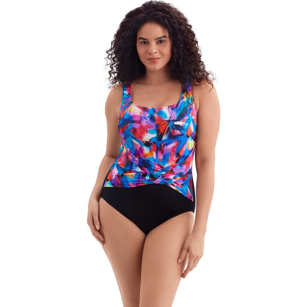 Longitude Twist Pull Sash Tank Long Torso One-piece Swimsuit In Multi