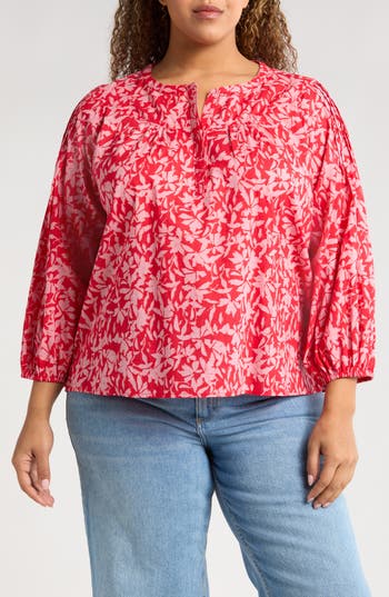 Caslon ® Print Split Neck Cotton Popover Top In Red