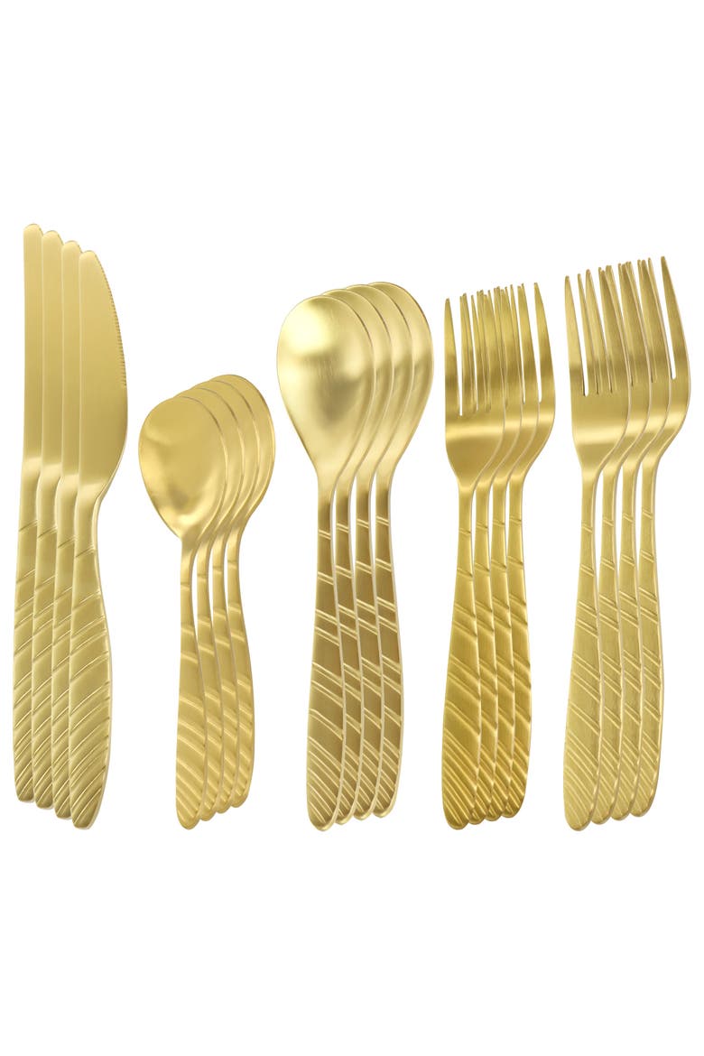 La Vague 20 Piece Flatware Utensil Set, Stainless Steel Silverware Metal Service for 4, Alternate, color, Matte Gold