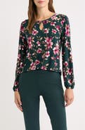 AK ANNE KLEIN Floral Keyhole Long Sleeve Top