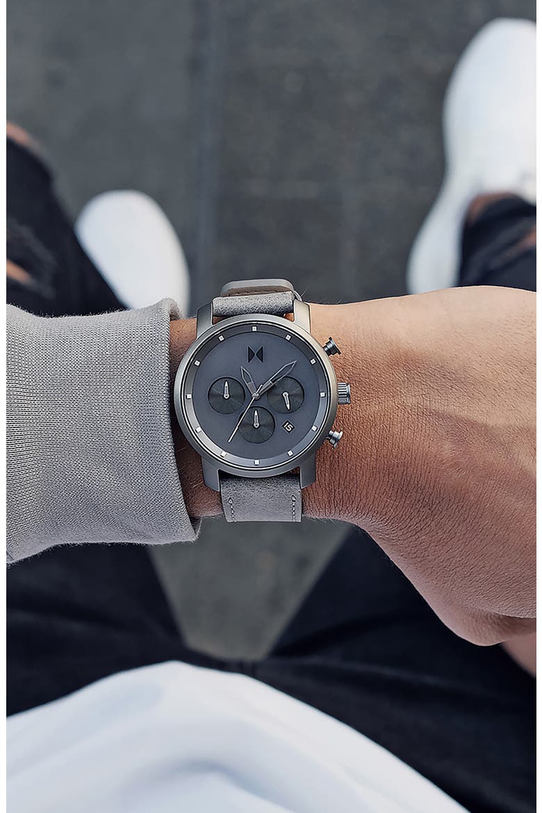 MVMT Mono Chronograph Leather Strap Watch, 40mm, Alternate, color, GREY/ SILVER