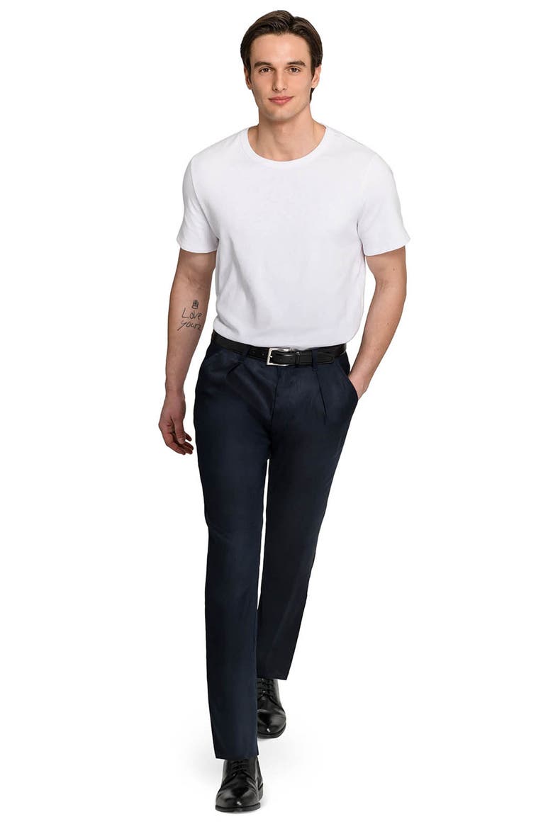 Slim Fit Pleated Linen Blend Pants, Alternate, color, NAVY