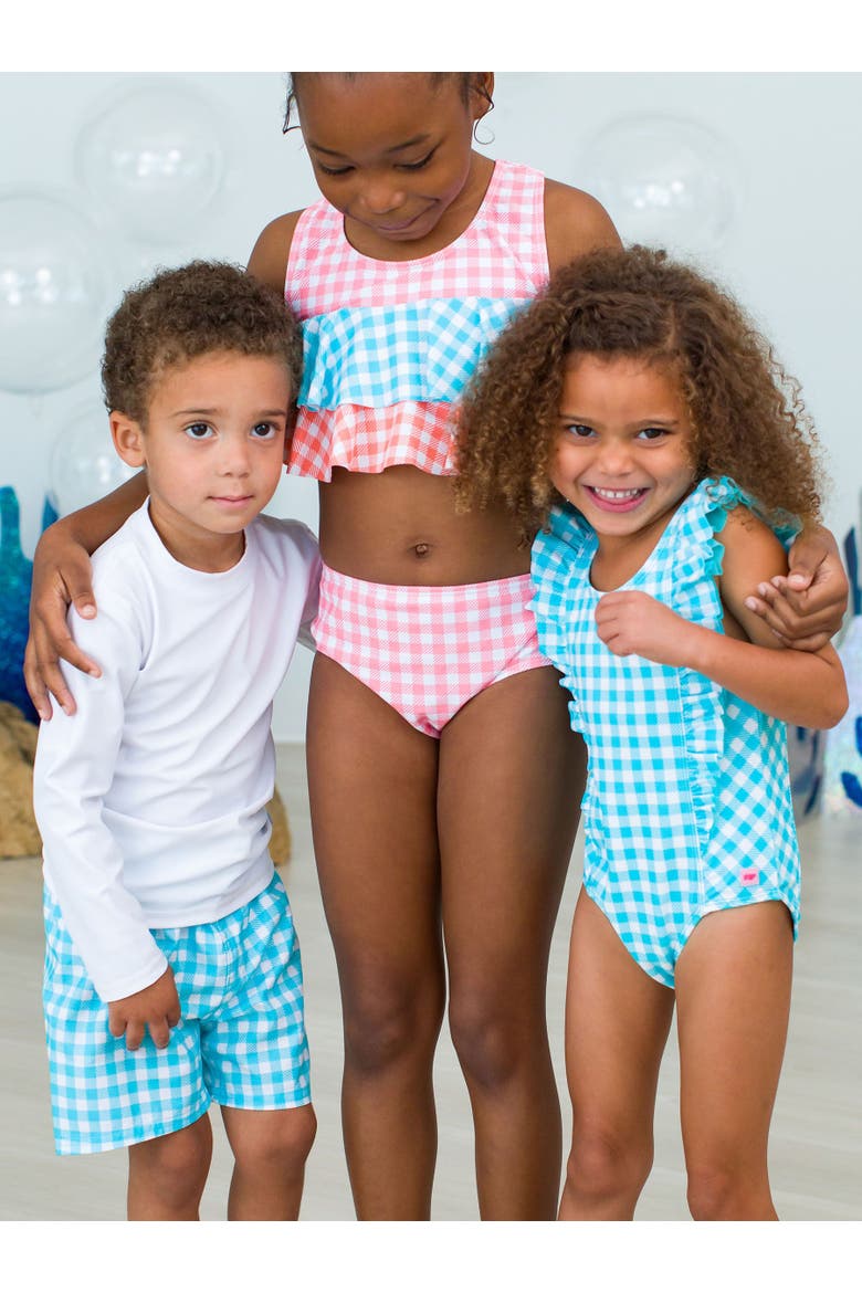 Toddler Girls UPF50+ Waterfall One Piece, Alternate, color, Bright Aqua Gingham