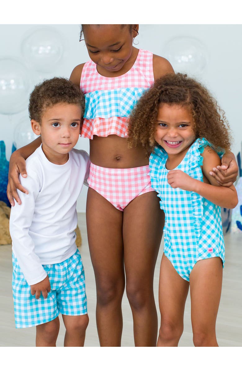 RuffleButts Toddler Girls UPF50+ Waterfall One Piece, Alternate, color, Bright Aqua Gingham
