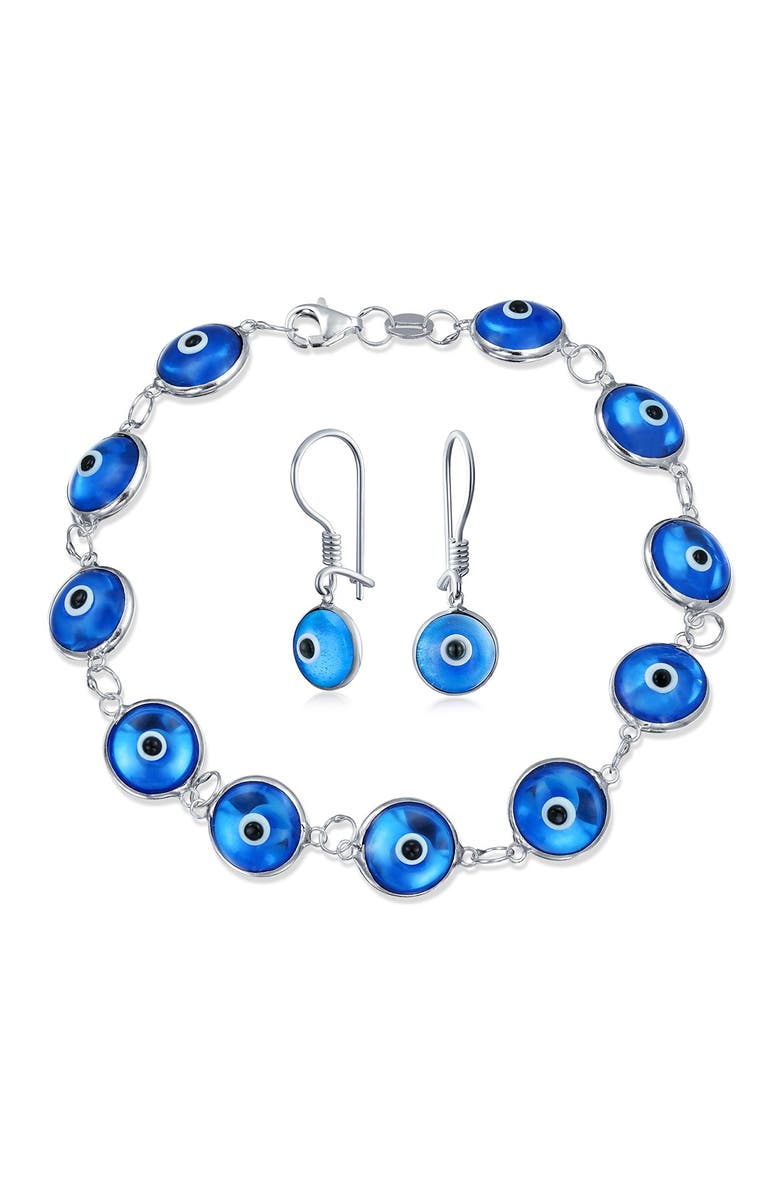 BLING JEWELRY Evil Eye Earrings and Bracelet Set, Main, color, Light Blue