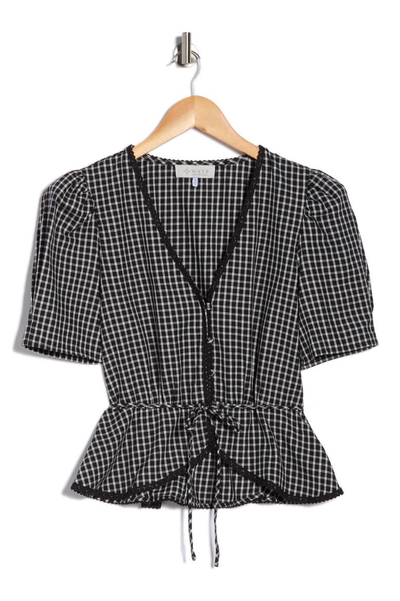 Stretch Cotton Peplum Top, Alternate, color, IVORY-BLACK GINGHAM