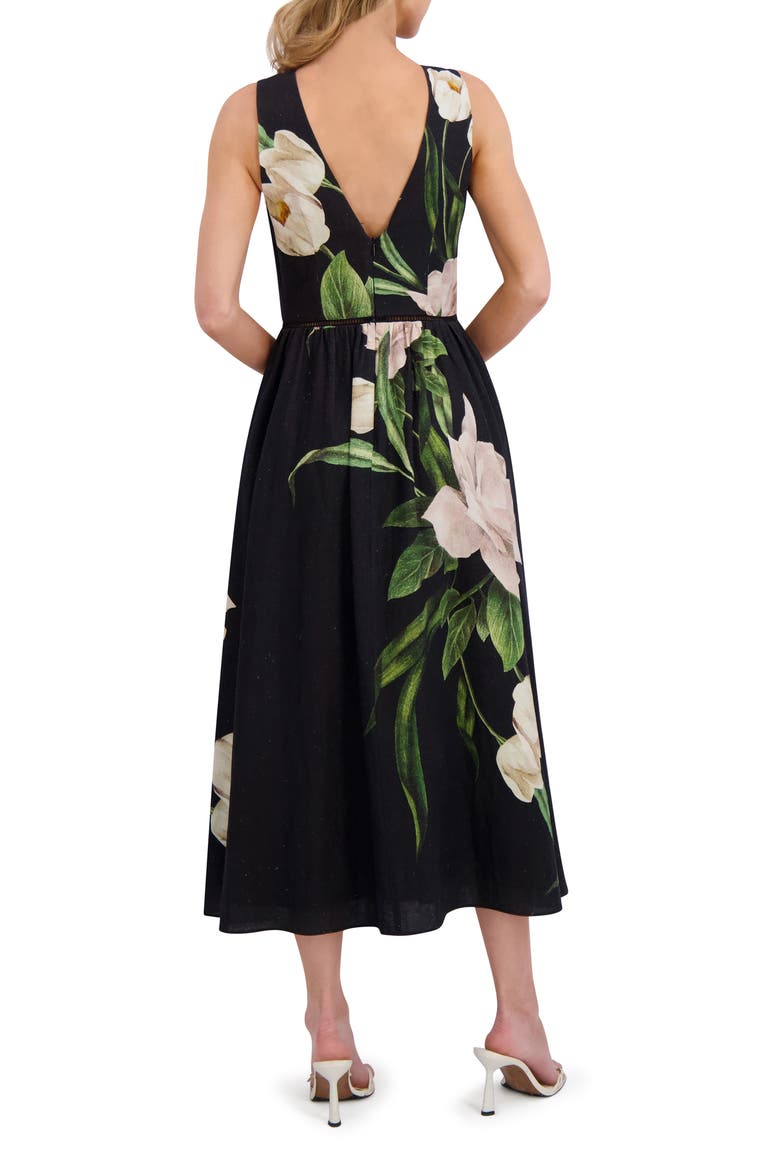 Floral Sleeveless Linen Fit & Flare Dress, Alternate, color, RICH BLACK