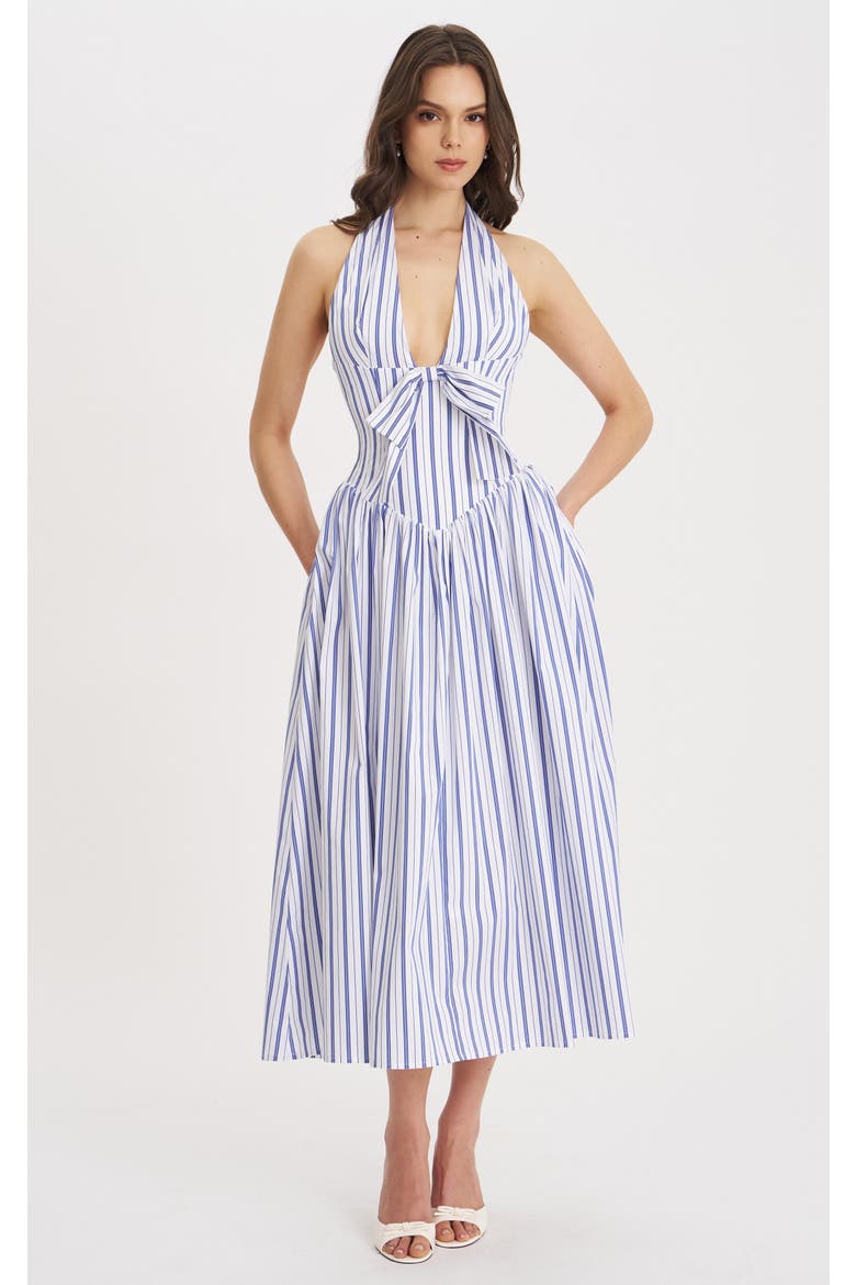 Mackenna Stripe Halter Smock Back Maxi Dress, Main, color, Navy beach-style stripe