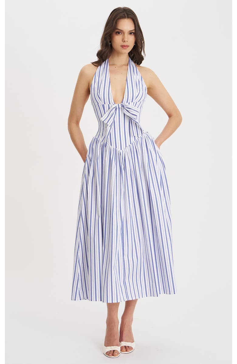 Miss Circle Mackenna Stripe Halter Smock Back Maxi Dress, Main, color, Navy Beach-Style Stripe