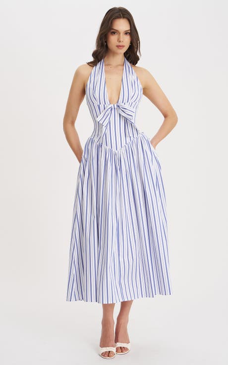 Mackenna Stripe Halter Smock Back Maxi Dress