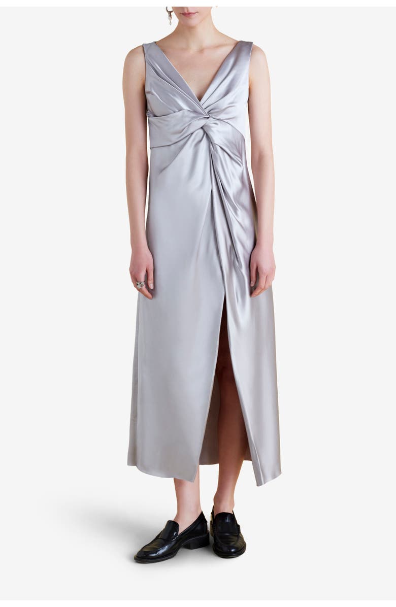 Marina Moscone Satin V-Neck Twist Dress, Main, color, Pale Grey