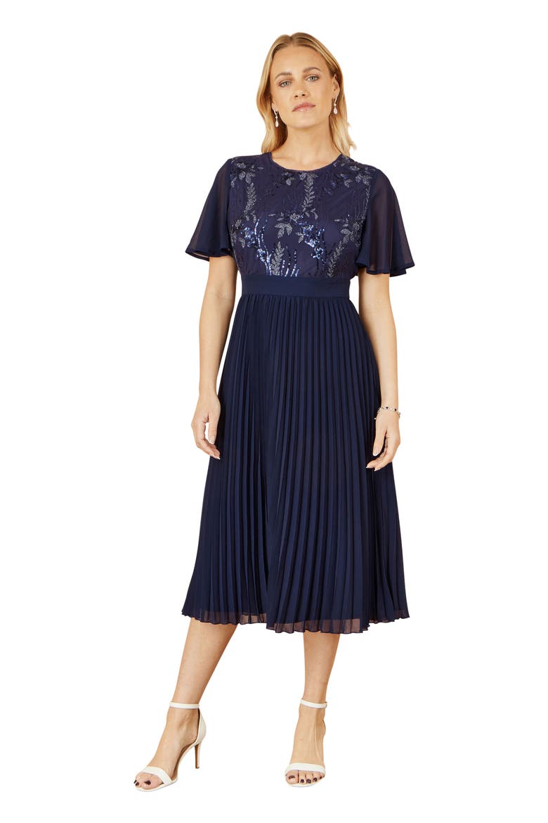 Sequin Embellished Pleated Midi Dress, Main, color, Navy