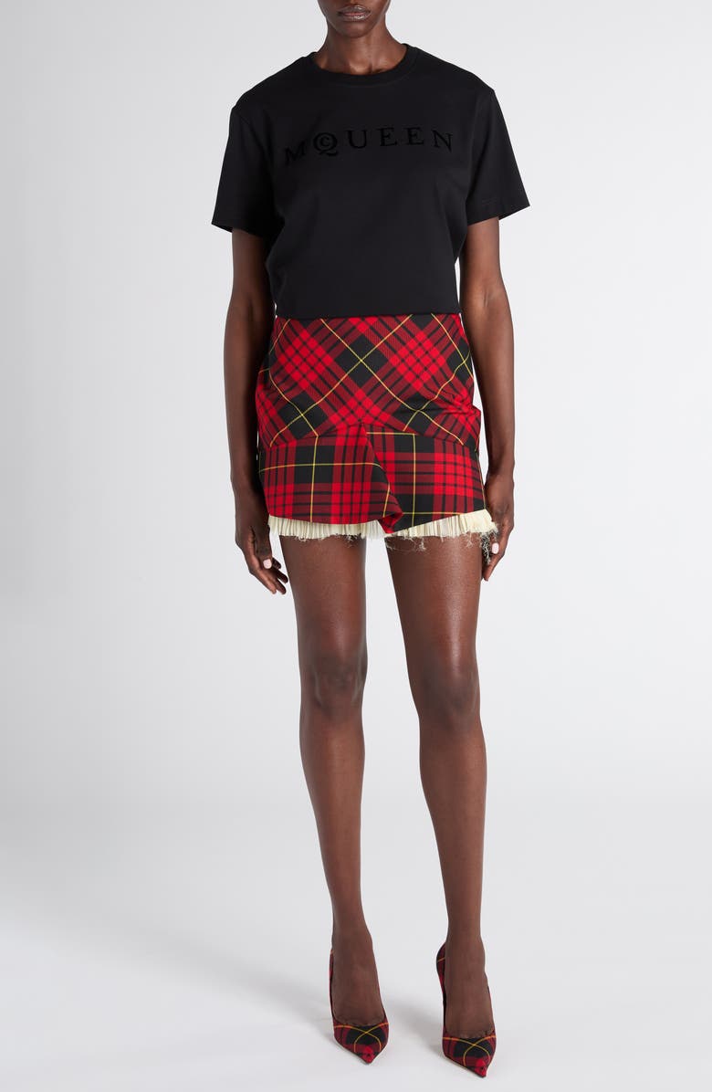 McQueen Kickback Tartan Miniskirt, Alternate, color, Bordeaux