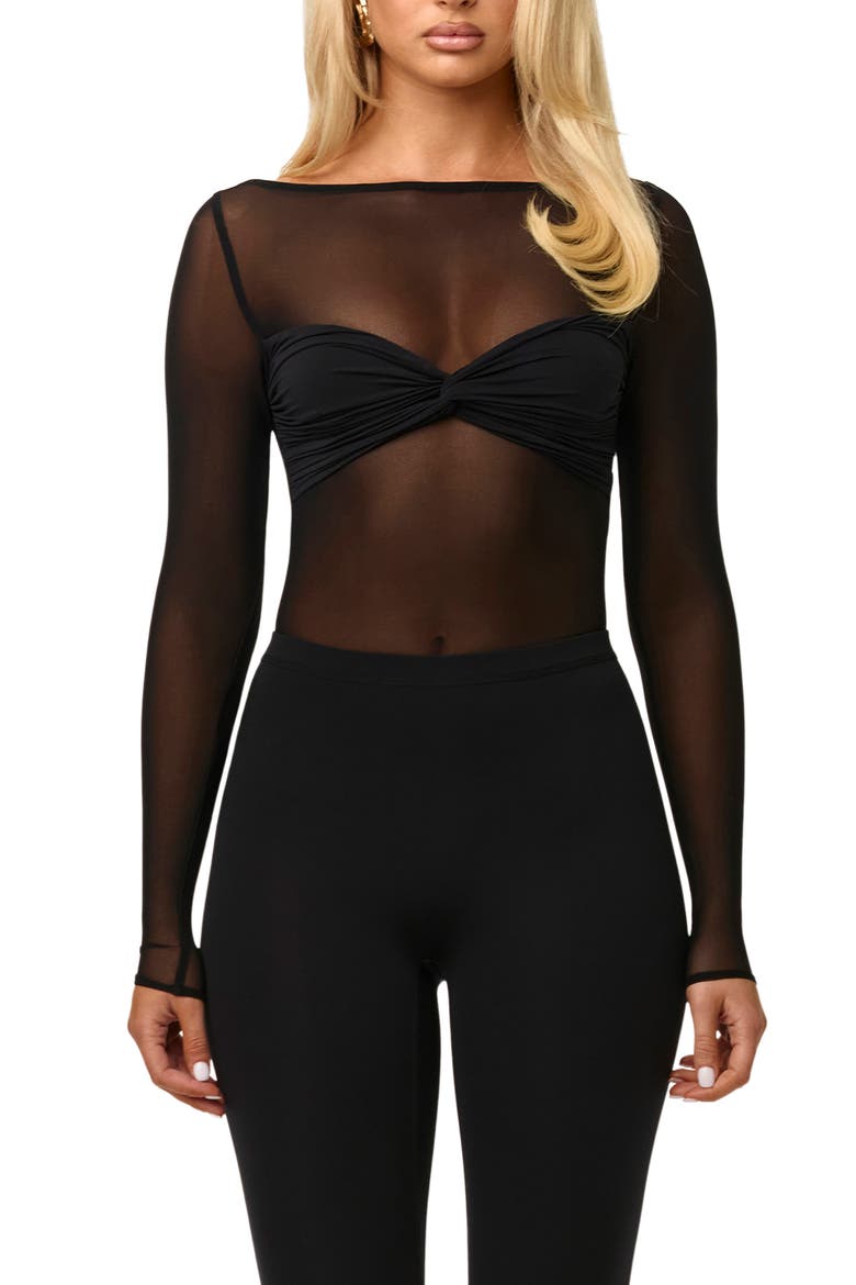 Long Sleeve Mesh Bodysuit, Main, color, BLACK