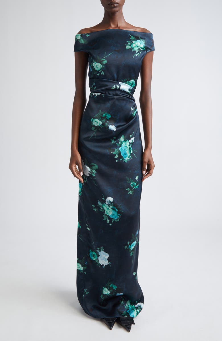 Erdem Floral Print Off The Shoulder Duchesse Satin Gown, Main, color, Abstract Rose Navy