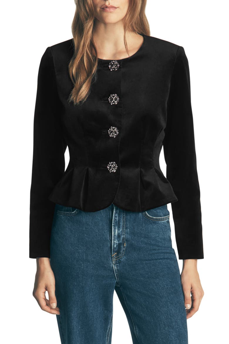 Crystal Button Stretch Velvet Waisted Jacket, Main, color, BLACK