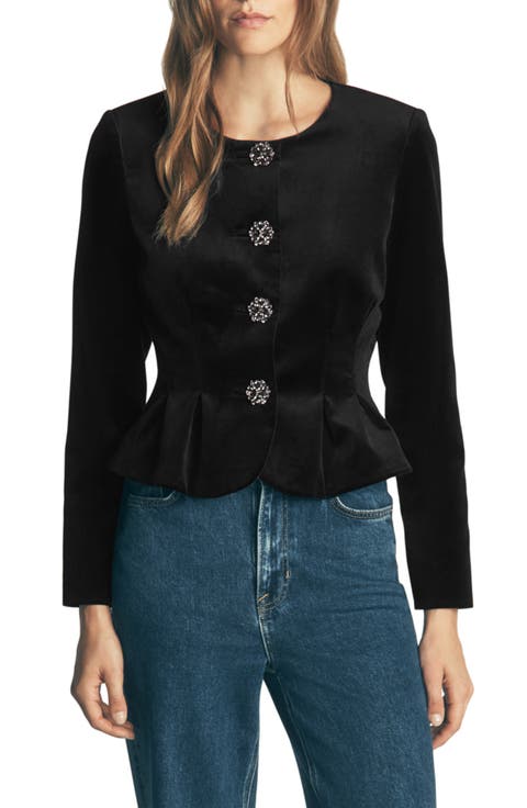 Crystal Button Stretch Velvet Waisted Jacket